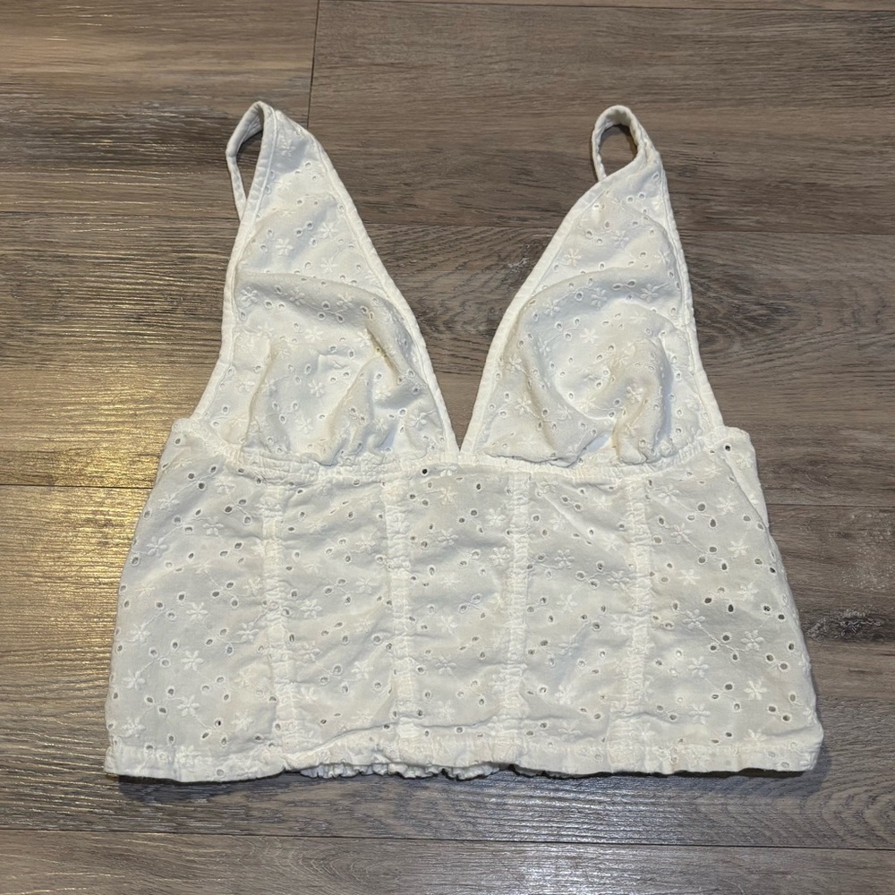 Brandy Melville cotton eyelet v neck smocked crop top size small ITALY